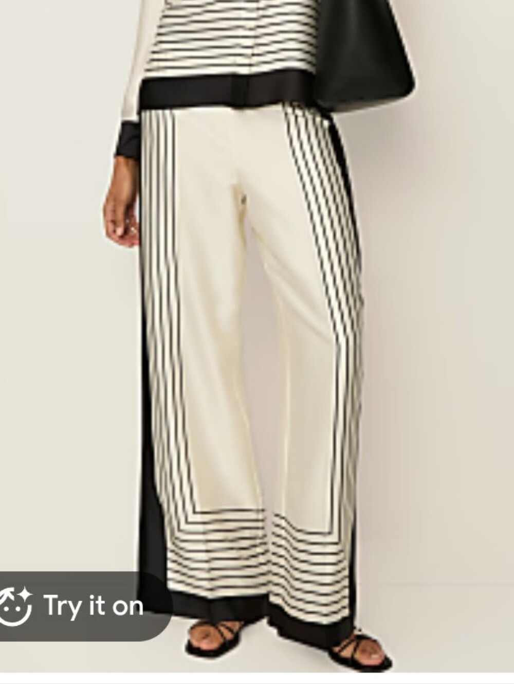 Ann Taylor Cream and Black Pleated Satin Wide-Leg Pants Size 14